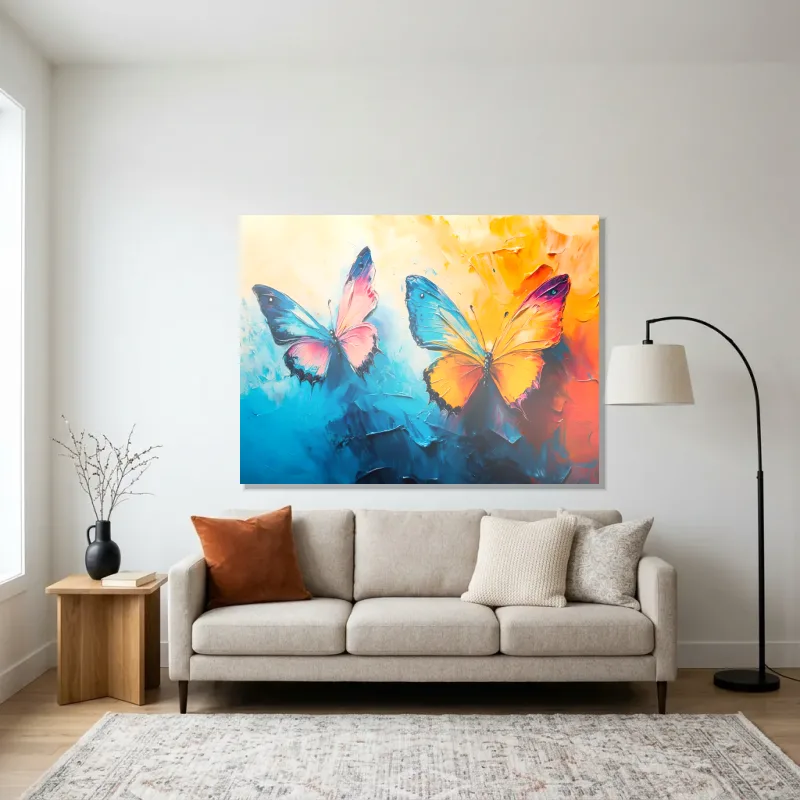 Tableau papillons bleus jaunes – Aluminium Brillant