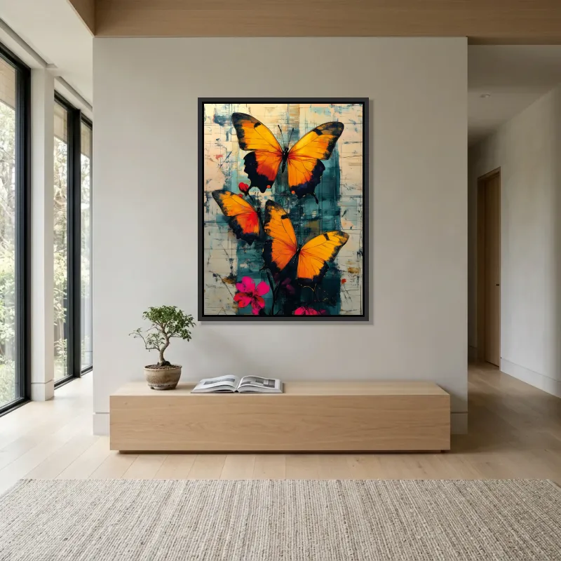 Tableau papillons jaune noir – Cadre Flottant