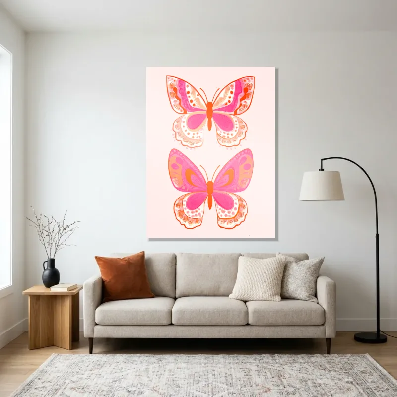 Tableau papillons rose orange – Aluminium Brillant