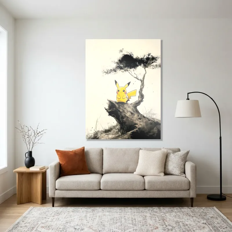 Tableau Pikachu noir blanc – Aluminium Brillant