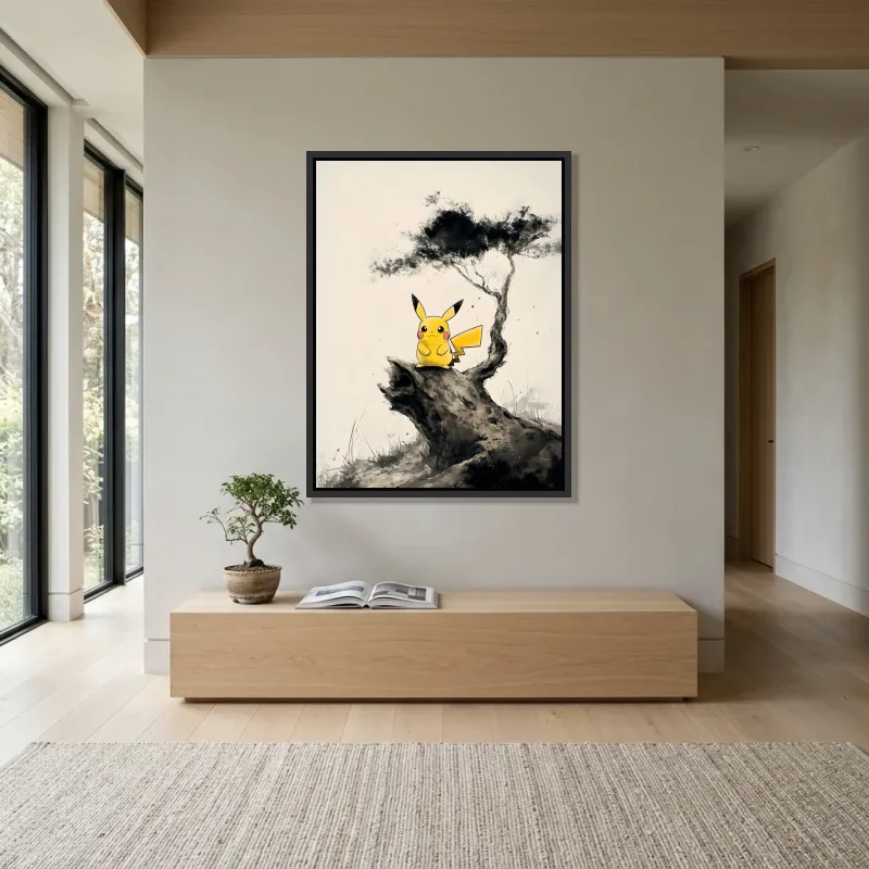 Tableau Pikachu noir blanc – Cadre Flottant