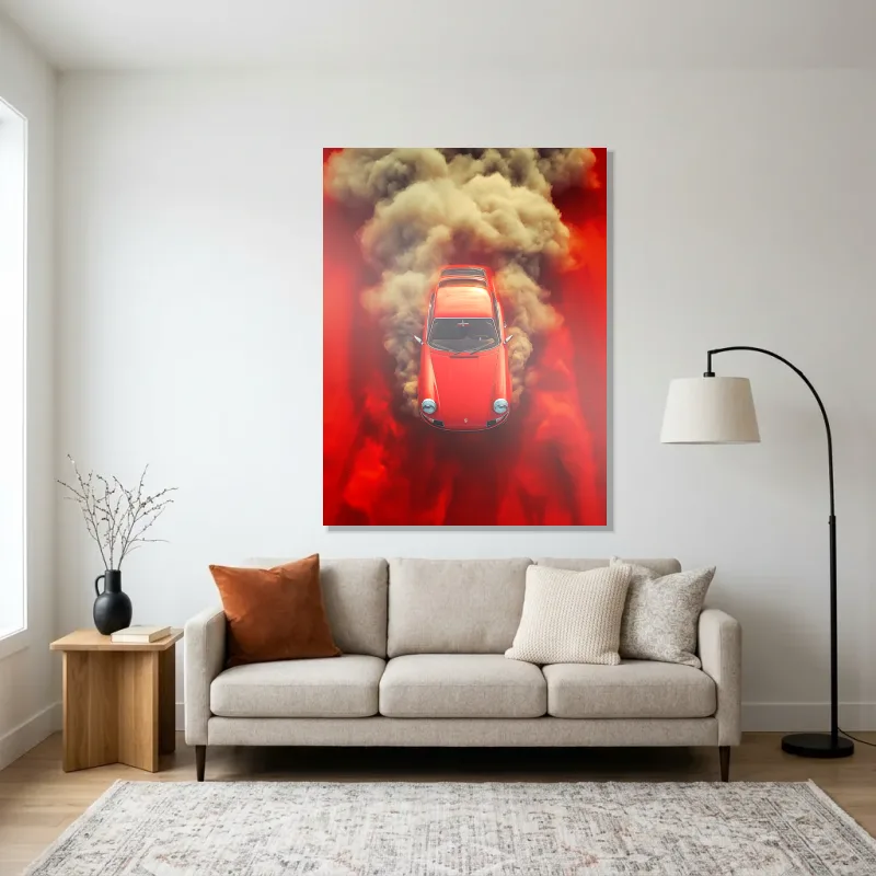 Tableau Porsche action rouge – Aluminium Brillant