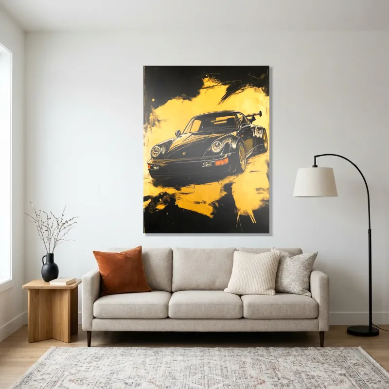 Tableau Porsche dorée mouvement – Aluminium Brillant