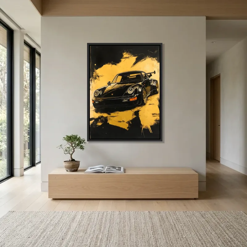 Tableau Porsche dorée mouvement – Cadre Flottant