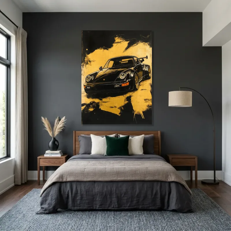 Tableau Porsche dorée mouvement – Toile sur châssis