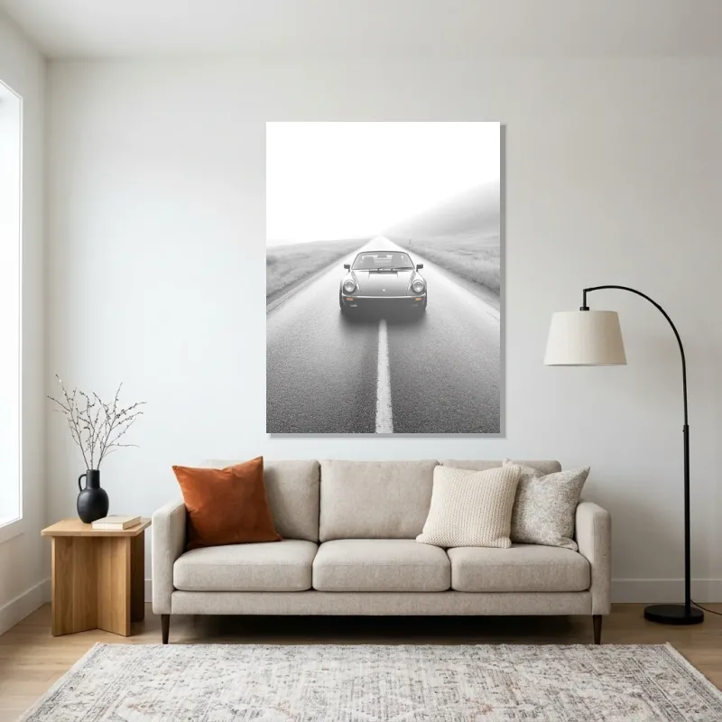Tableau Porsche route brumeuse – Aluminium Brillant