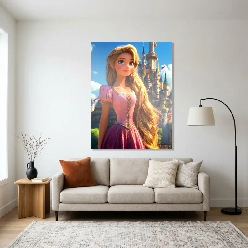 Tableau Raiponce devant château – Aluminium Brillant