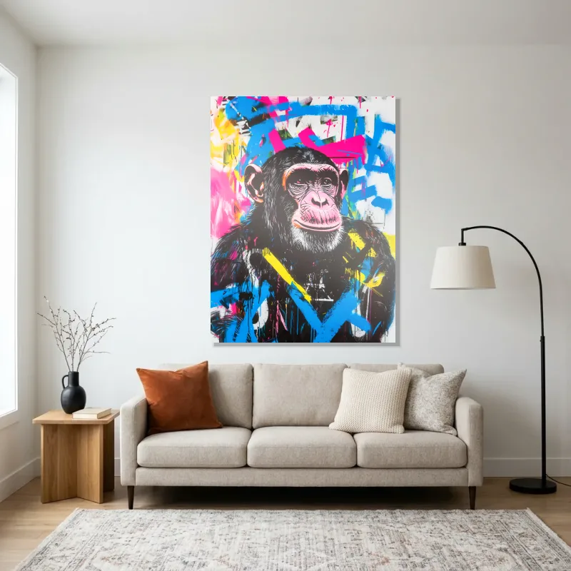 Tableau singe graffiti bleu – Aluminium Brillant