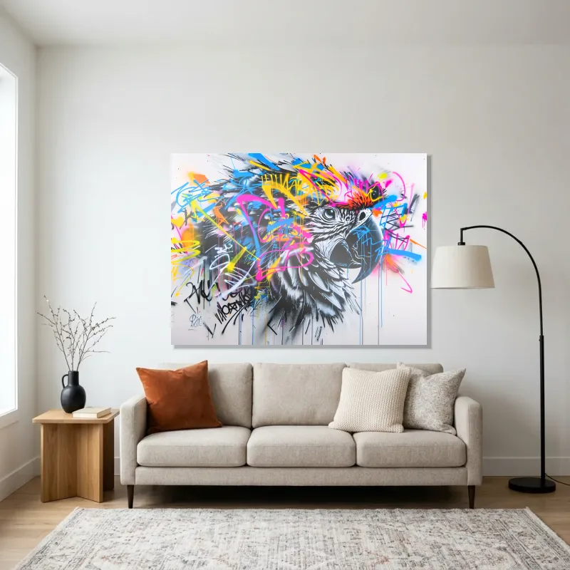Tableau Street art perroquet – Aluminium Brillant