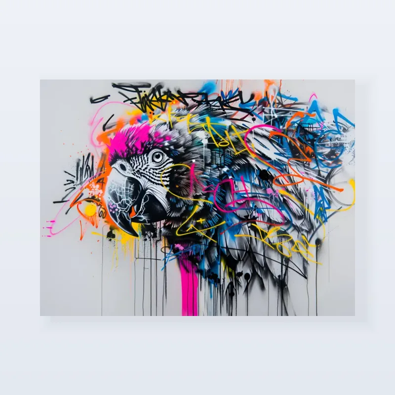 Tableau Street art perroquet urbain