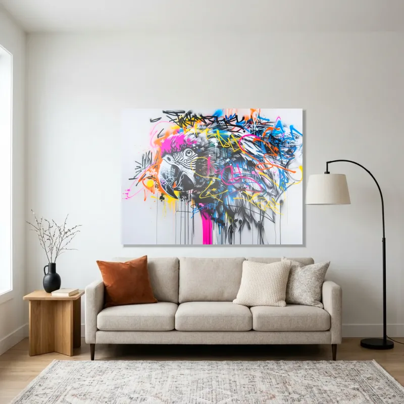 Tableau Street art perroquet urbain – Aluminium Brillant