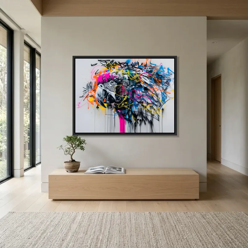 Tableau Street art perroquet urbain – Cadre Flottant