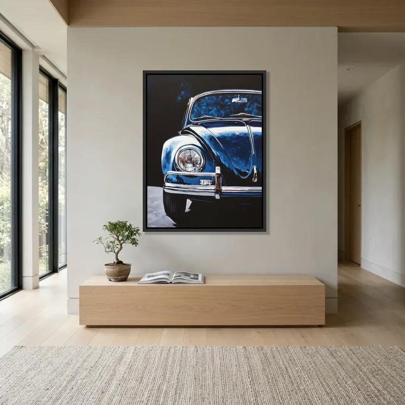 Tableau Volkswagen Coccinelle bleue classique – Cadre Flottant