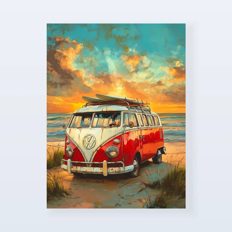 Tableau Volkswagen Combi rouge plage