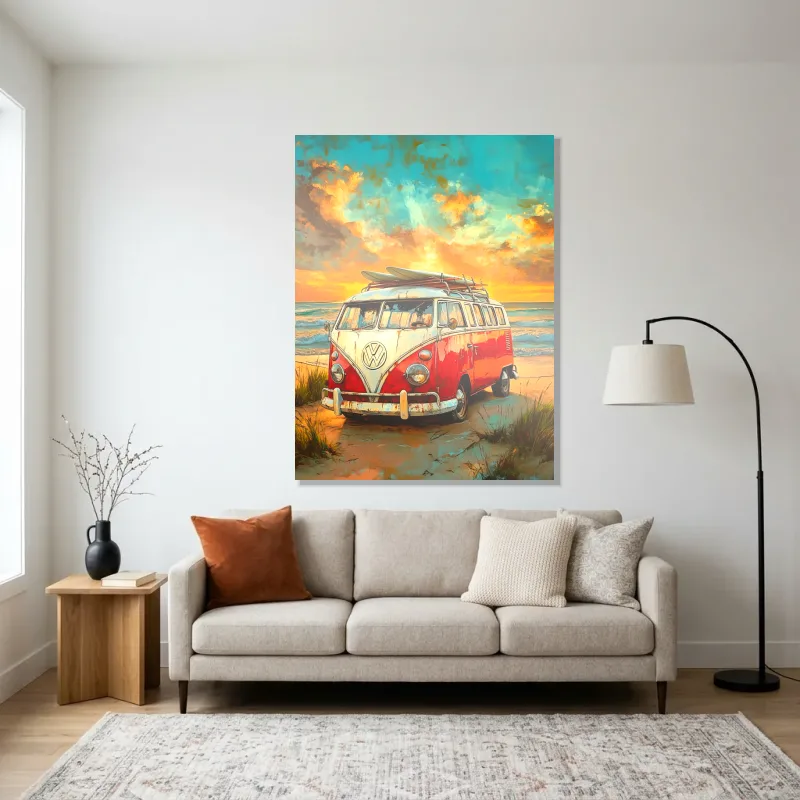 Tableau Volkswagen Combi rouge plage – Aluminium Brillant