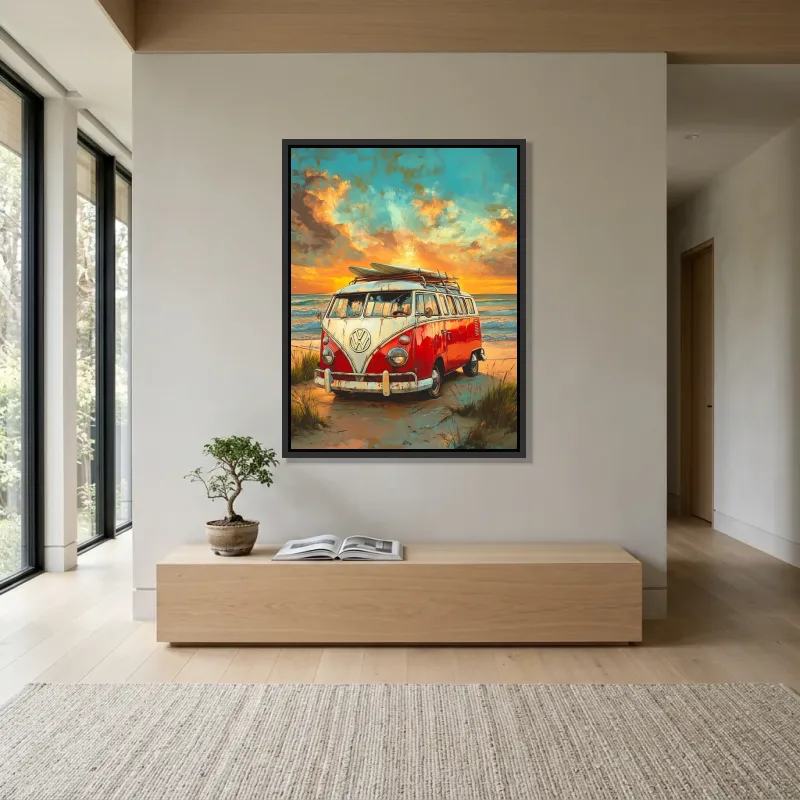 Tableau Volkswagen Combi rouge plage – Cadre Flottant