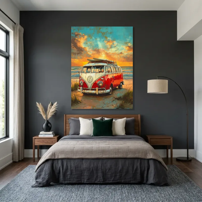 Tableau Volkswagen Combi rouge plage – Toile sur châssis