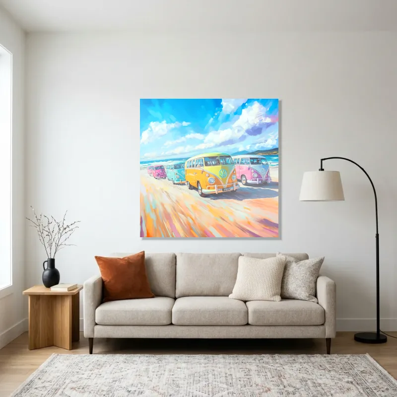 Tableau Volkswagen Combi sur plage – Aluminium Brillant