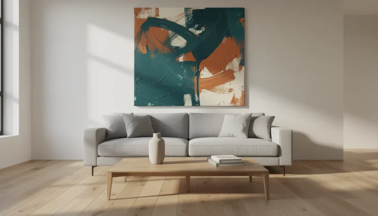 Large abstract canvas above a neutral sofa