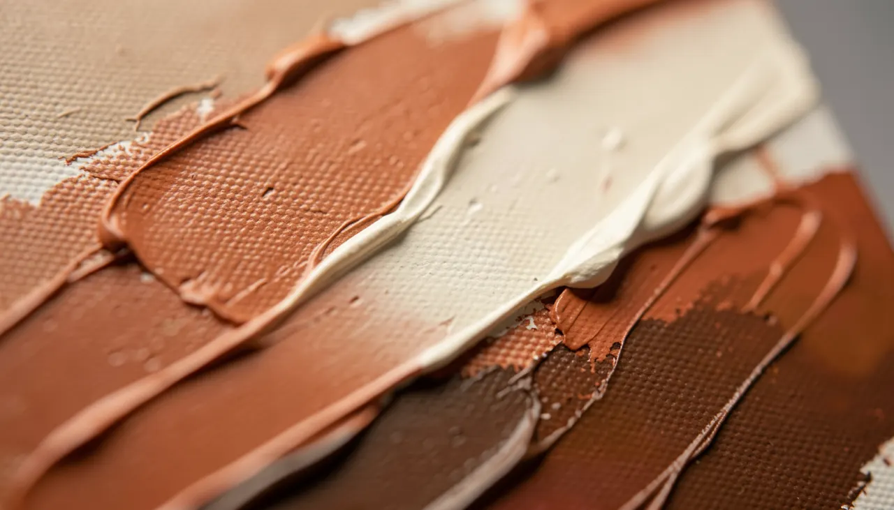 Gros plan sur une toile abstraite texturée aux tons terracotta et crème