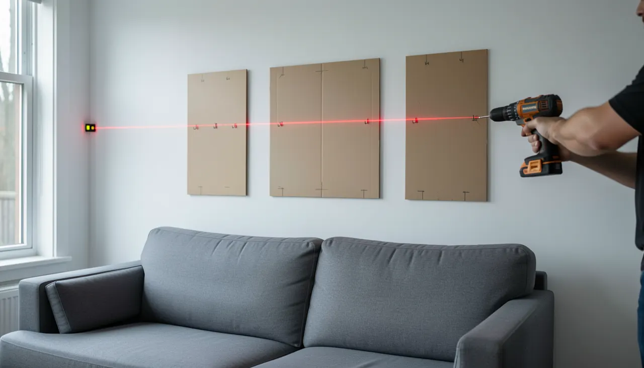 Alignement laser au-dessus du canapé Niveau laser sur mur pour aligner triptyque