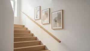 Escalier avec tableaux alignés le long de la rampe