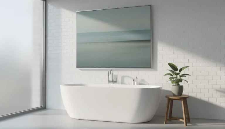 Modern bathroom with large sealed artwork above bathtub