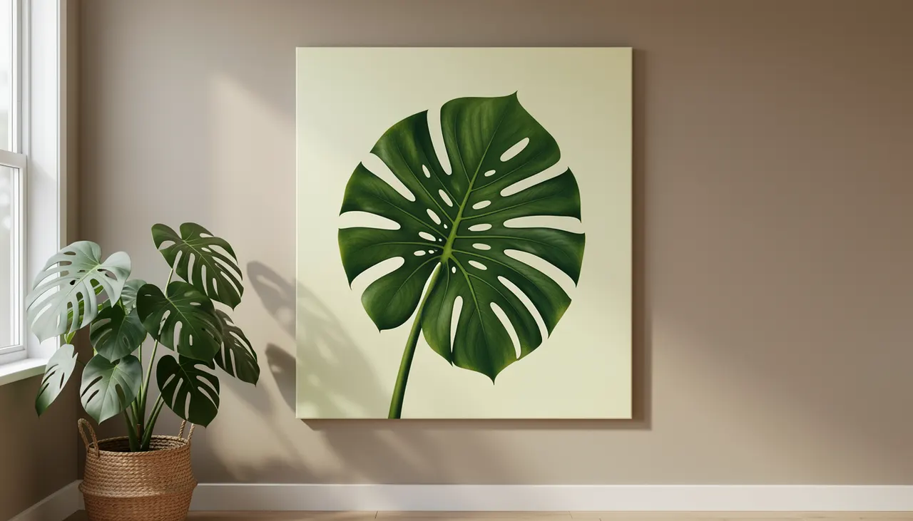 Grande feuille de monstera verte sur toile mate format carré