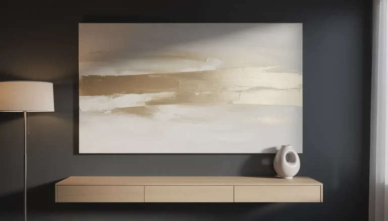 Large abstract canvas with pale gold tones on dark wall