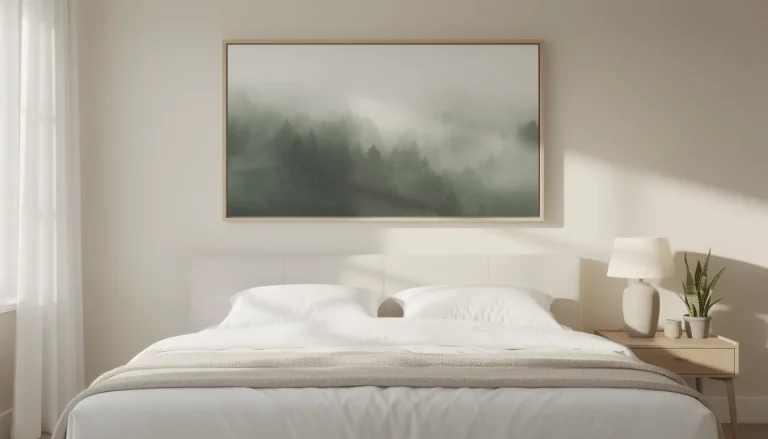 Bedroom with nature art above bed