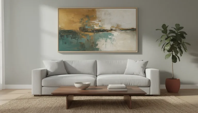 Large canvas art above a neutral sofa in a bright living room