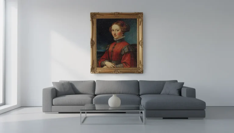 Large classical painting reproduction above a modern sofa