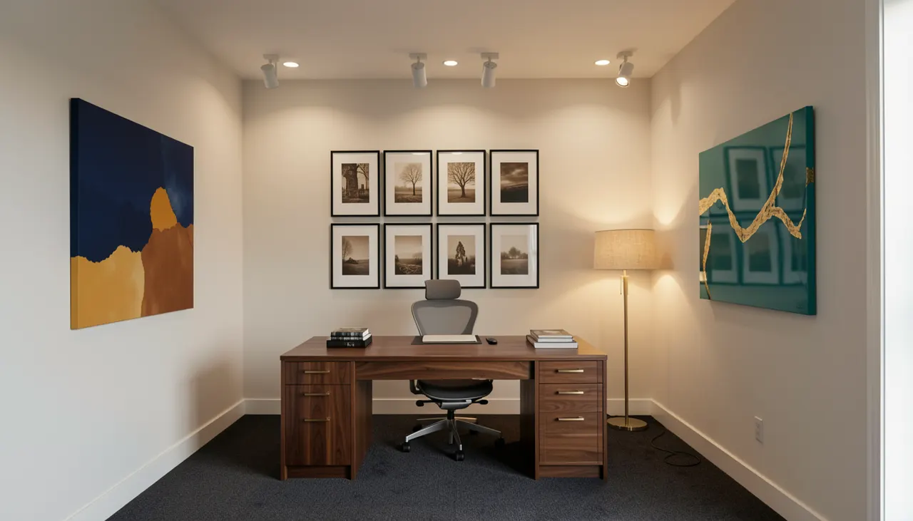 Cohesive collection in a professional setting Home office with curated art collection on white walls