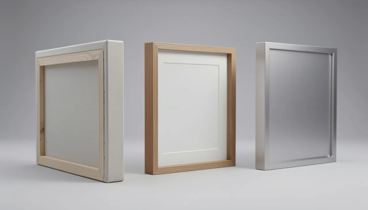 Profil de trois finitions : toile chassis, cadre flottant, alu dibond