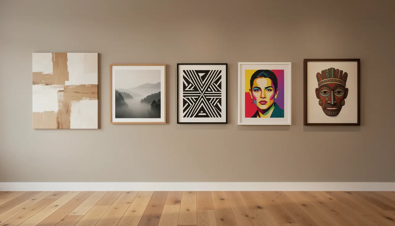 Mur de galerie avec cinq styles différents côte à côte
