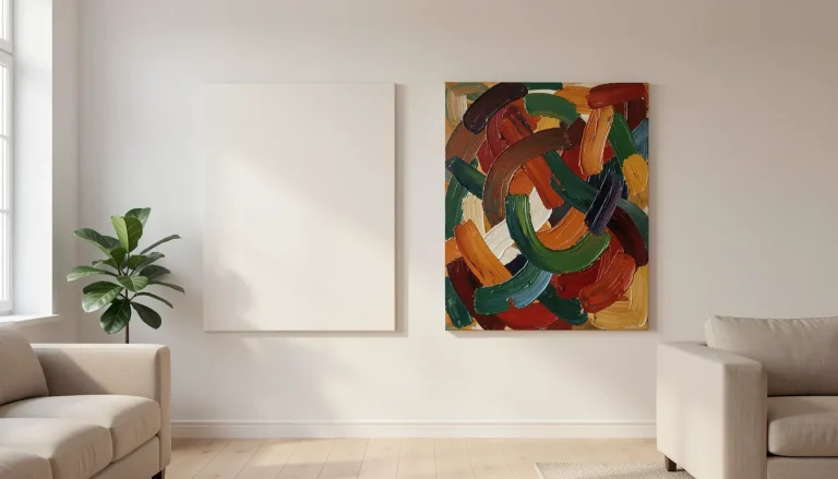Toile imprimée et peinture à l'huile côte à côte sur un mur clair