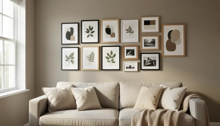 Gallery wall with mixed frames above a sofa