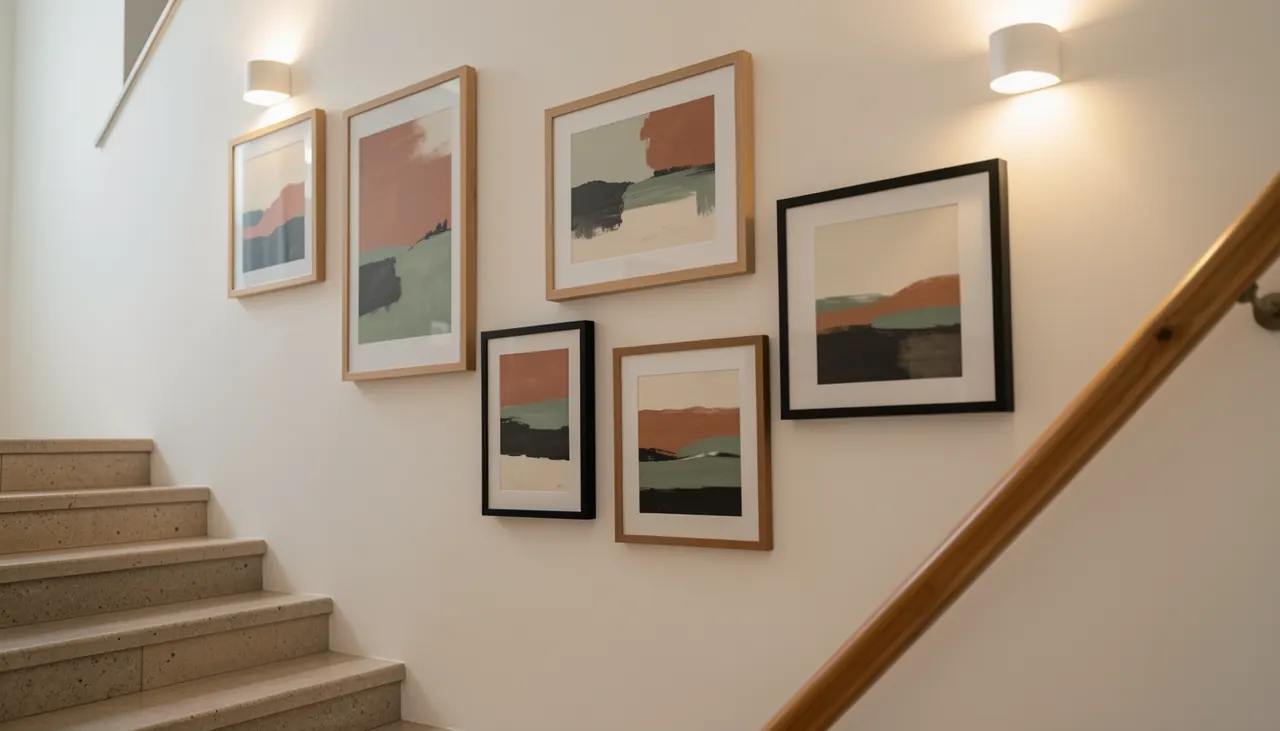 Composition murale dans un escalier Mur escalier avec plusieurs toiles alignées