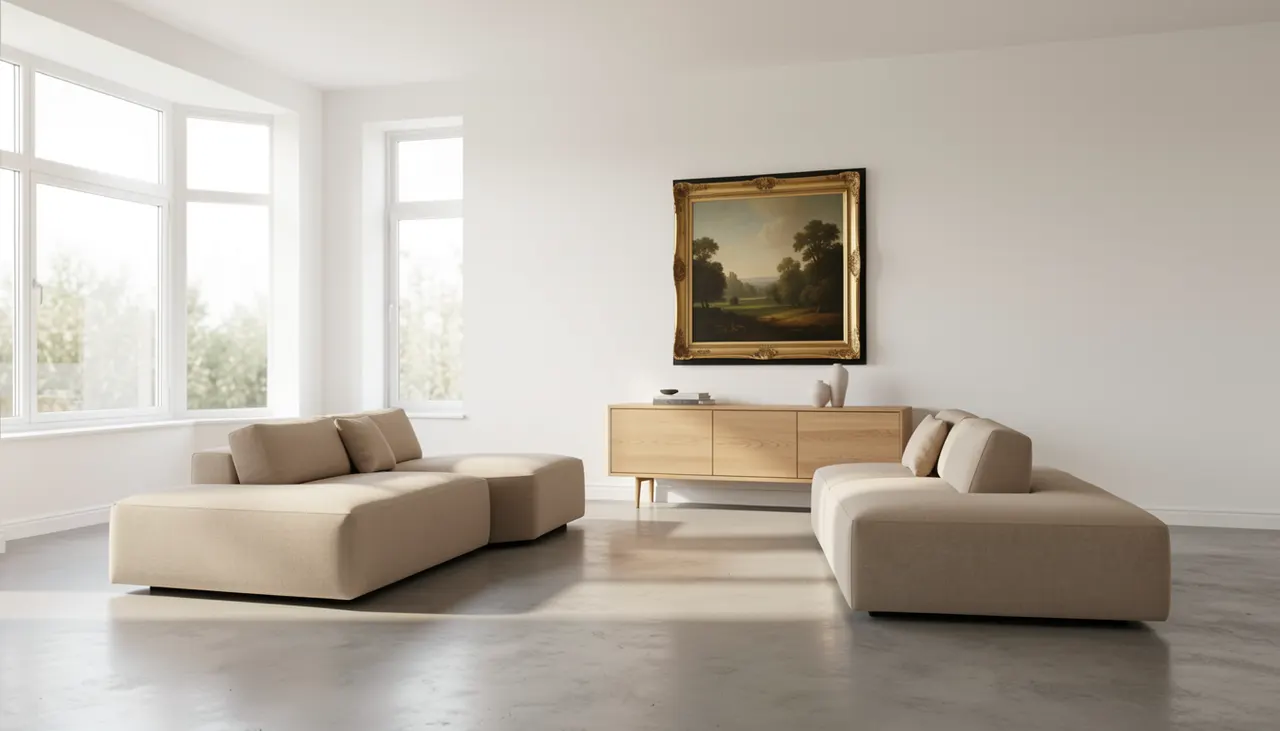 Salon moderne avec grande toile paysage doré cadre noir