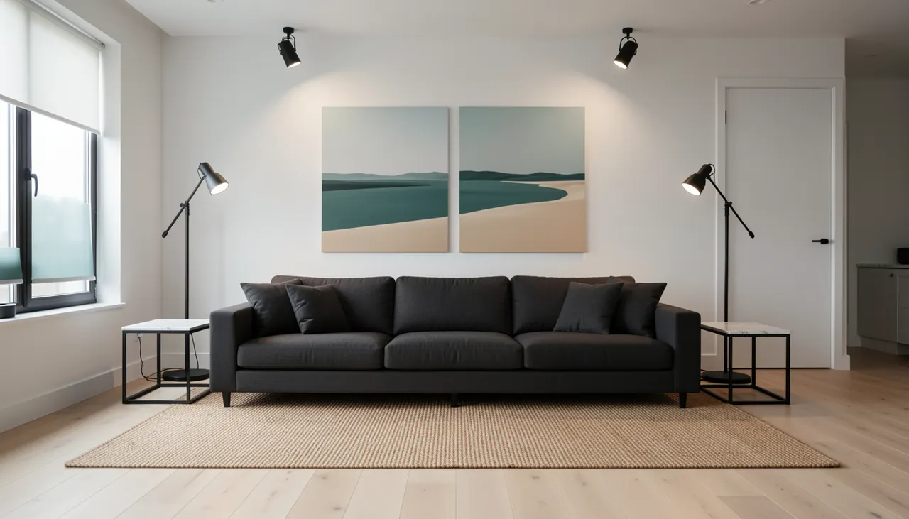 Correct scaling and lighting example Living room with properly scaled diptych above sofa, track lighting