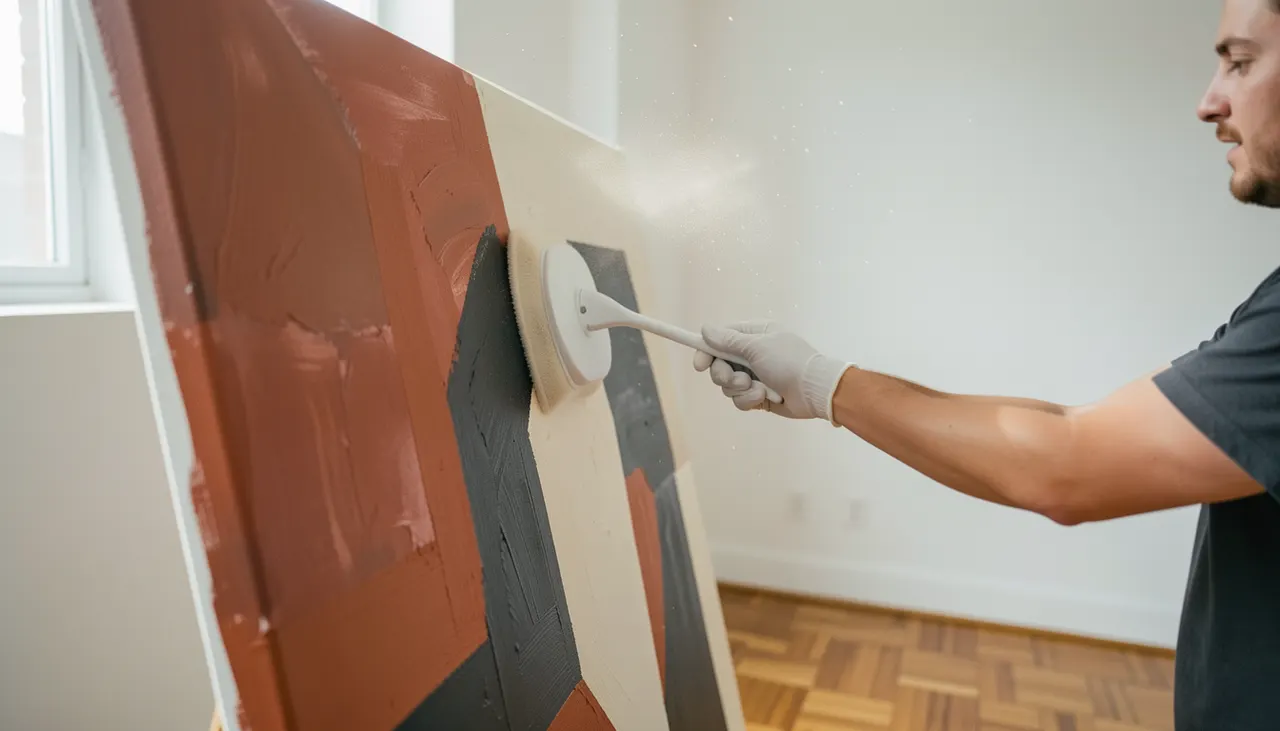 Dépoussiérage professionnel Plumeau microfibre sur tableau abstrait