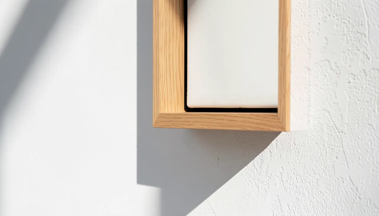 Détail cadre flottant ombre Profil cadre flottant chêne ombre portée sur mur blanc