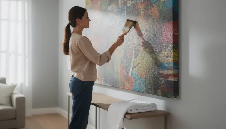 Person dusting a large canvas painting with a soft brush
