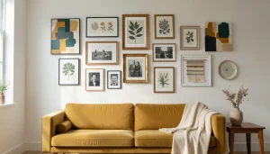Eclectic gallery wall with mixed frames and art styles