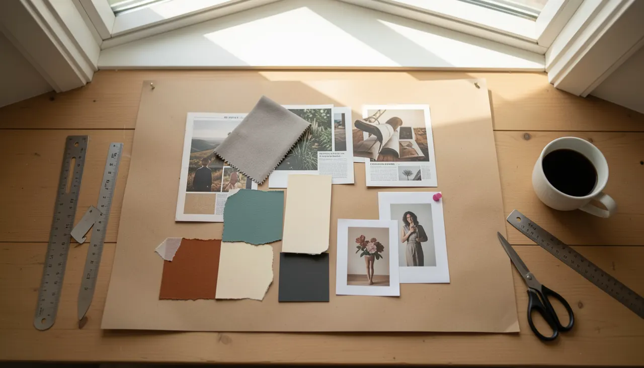 Eclectic mood board planning Mood board with color swatches and art clippings