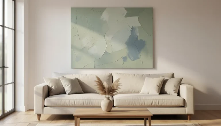 Tableau abstrait bleu vert au-dessus d'un canapé clair