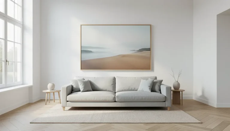 Grand tableau paysage clair au-dessus d'un canapé clair dans un salon lumineux