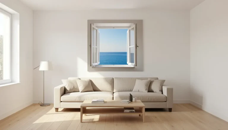 Salon lumineux avec tableau trompe-l'œil fenêtre ouverte sur paysage
