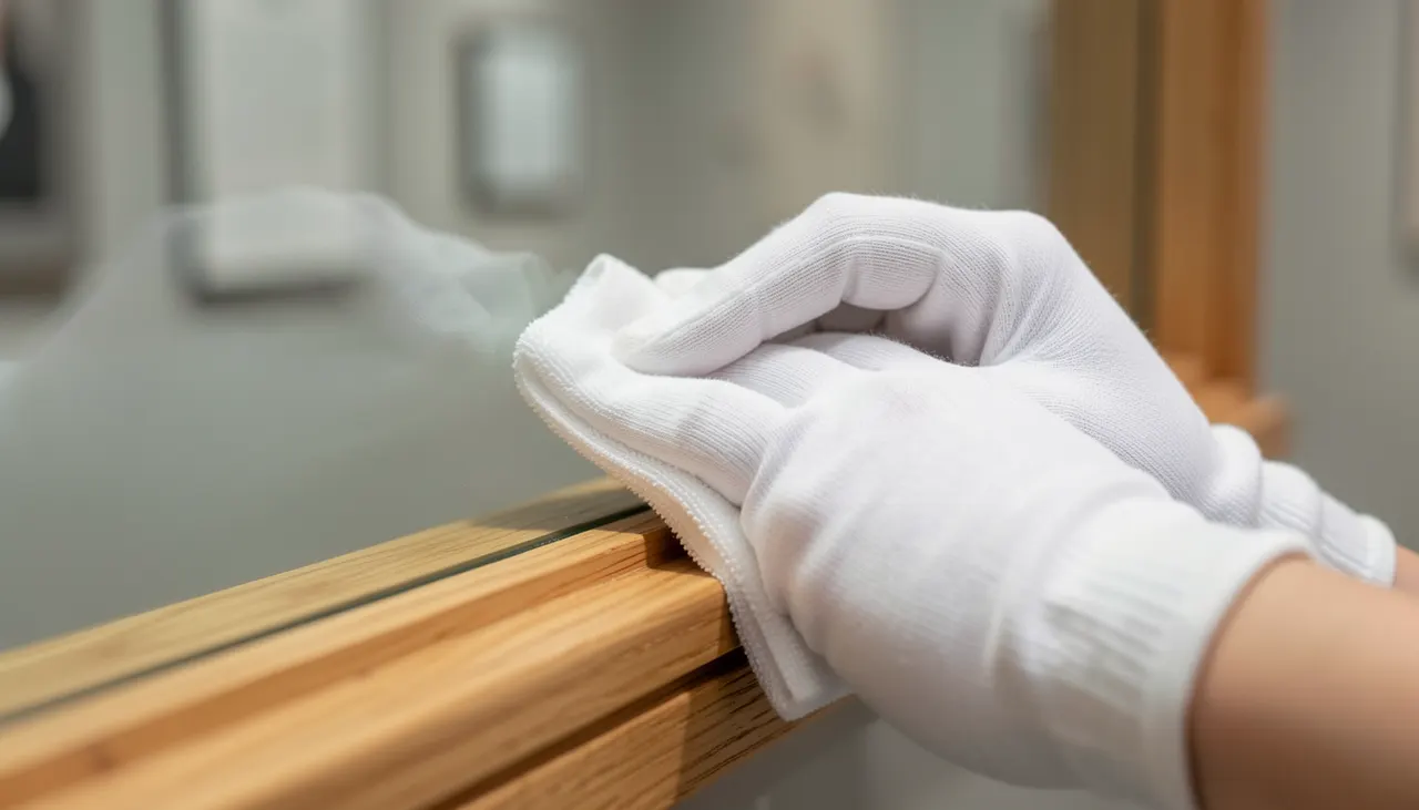 Entretien cadre verre Main tenant chiffon microfibre devant cadre verre muséal