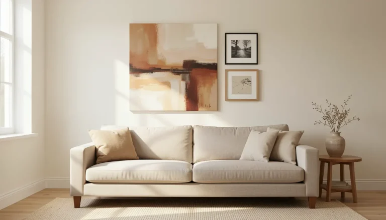 Mur de salon avec composition de tableaux variés au-dessus d'un canapé